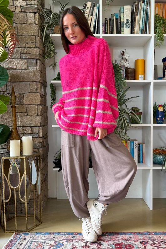 Big Softie Stripe Funnel Grunge Knit Hot Pink